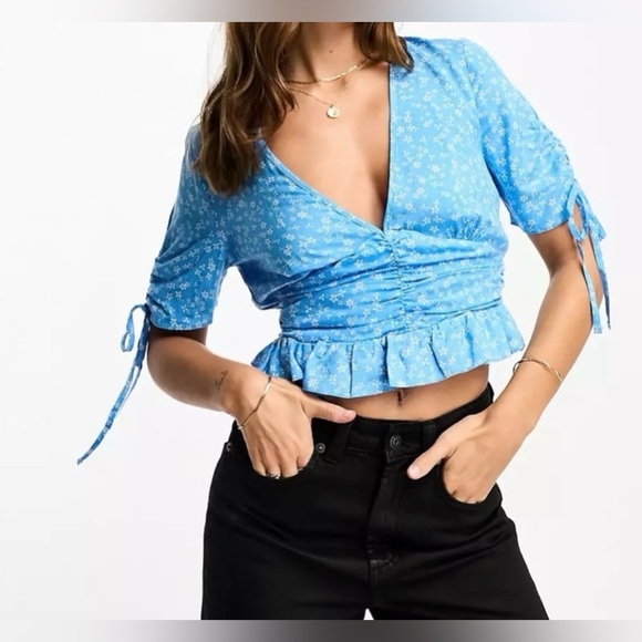 ASOS Tops - Asos Blue Floral Tie-Sleeve Wrap Crop Top